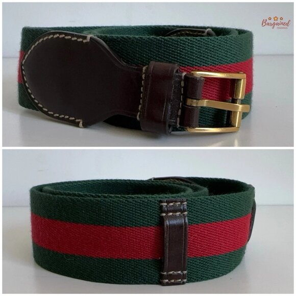 Auth Gucci Web Green/Red Canvas Brown Leather Gold Buckle Belt 90/36 - Picture 3 of 14
